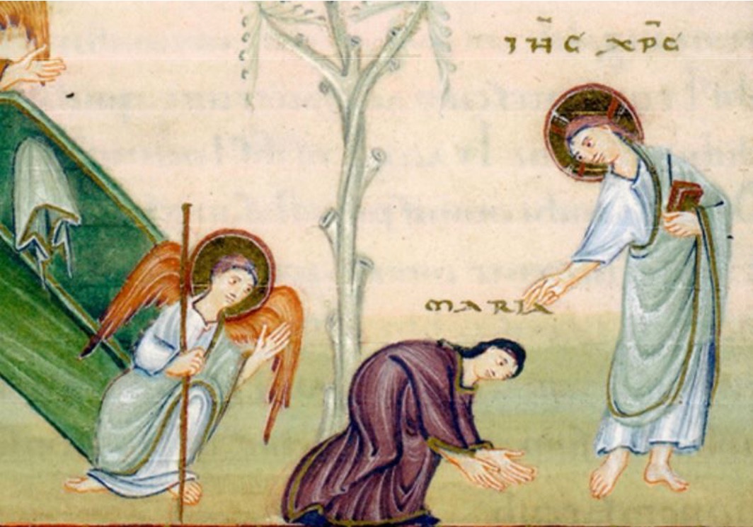 Detail of a 10th-century illuminated manuscript page showing Mary Magdalene on her knees before Jesus.