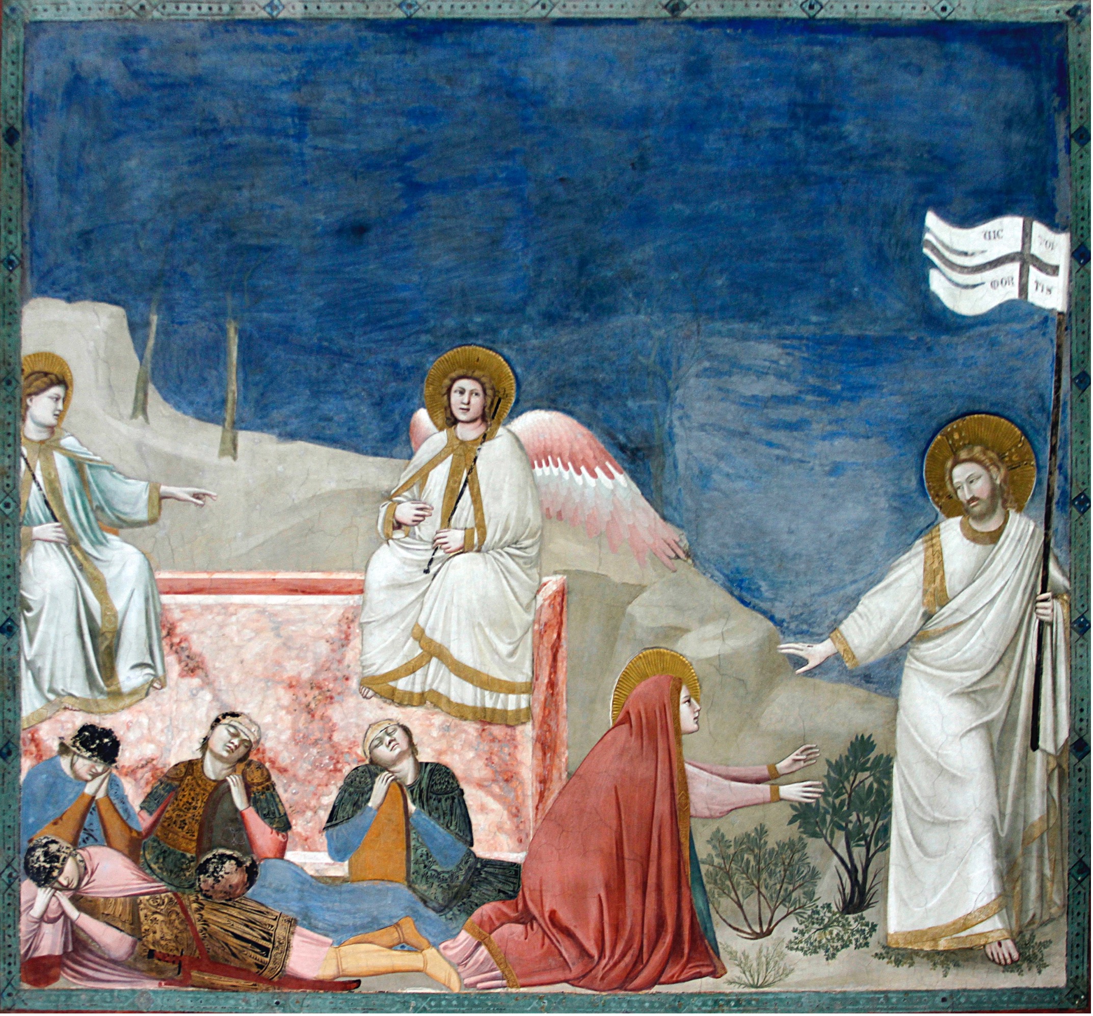 Panel of a fresco showing the figures of Mary Magdalene and Jesus.