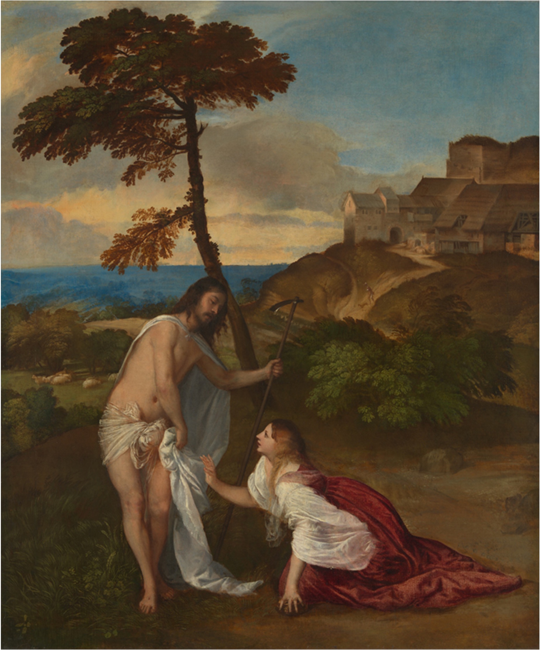 Painting showing Mary Magdalene reaching for the robes of Jesus.